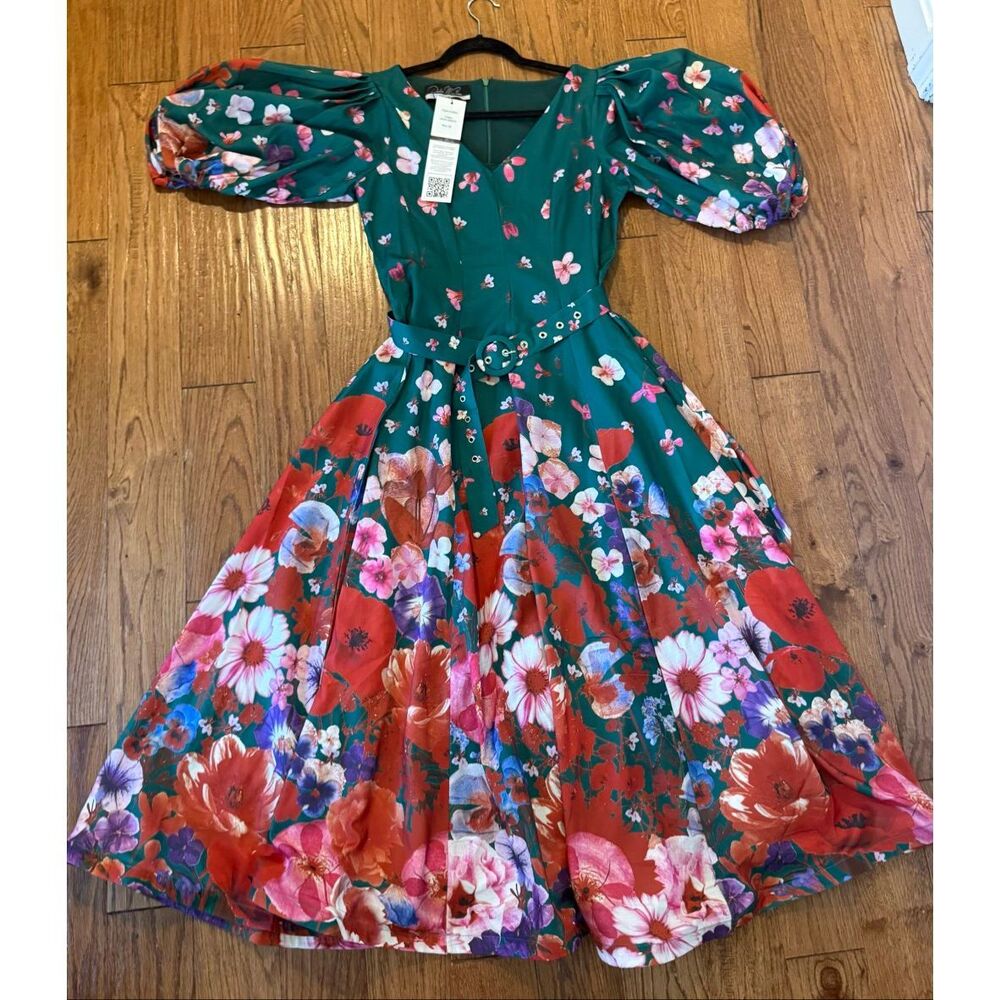 Dahlia Macphee NWT cascading floral green puff sleeve dress M - Picture 10 of 11